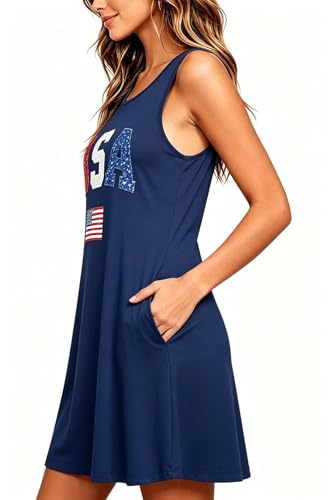 Image of Roshop Womens Juneteenth Flag Sleeveless Dress 4th of July Patriotic Swing Sundress with Pockets