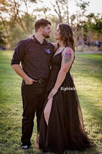 Eightale Tulle Lace Appliques Sparkly Prom Dresses A Line with Slit V Neck Formal Party Dress - Image 5