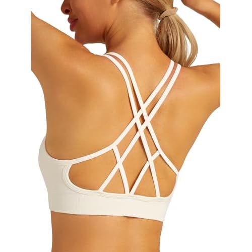 RUNNING GIRL Sports Bras for Women Pack Criss Cross Back Sexy Strappy Sports Bra Seamless Padded Yoga Bra with Removable Cups Small Whisper White