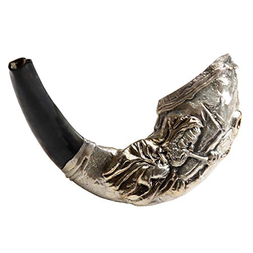 Judaica Mega Mall Kosher ODORLESS Sterling Silver Natural Rams Horn | Popular Judaica Designs Engraved | Smooth Mouthpiece for Easy Includes Carrying Bag and Guide (Man Blowing The Shofar) (RS12