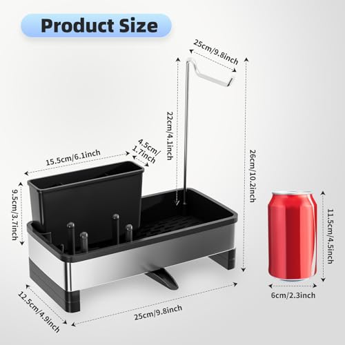 Ewaiira Stainless Steel Sink Caddy, Sponge Holder for Kitchen Sink with Brush Holder & Dishcloth Rack, Rustproof Sink Organizer Countertop, Kitchen Organizers Storage Essentials (D-Black 9.8″) - Image 6