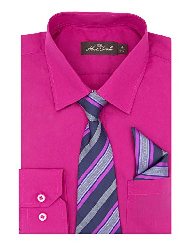 Alberto Danelli's Boys Long Sleeve Dress Shirt with Matching Tie and Handkerchief, 7, Festival Fuchsia