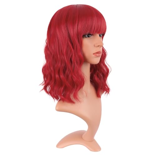 Image of MapofBeauty 14 Inch /35 cm Short Wavy Curly Women Fresh Bright Synthetic Ordinary Flat Bangs Bob Wig (Red)