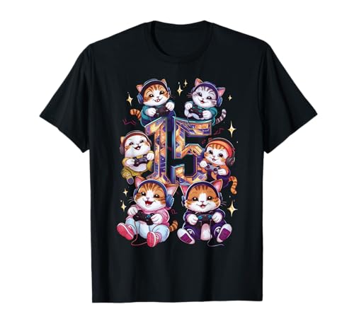 15° Cumpleaños Gatos Gaming Regalo Gamer Niño Niña Camiseta