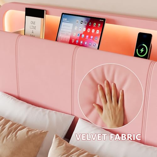 Image of Feonase Twin Upholstered Bed Frame with Storage Drawers and Headboard, Built-in Charging Station, Velvet Platform LED Bed with Solid Wood Slat Support, No Box Spring Needed, for Girls and Kids, Pink