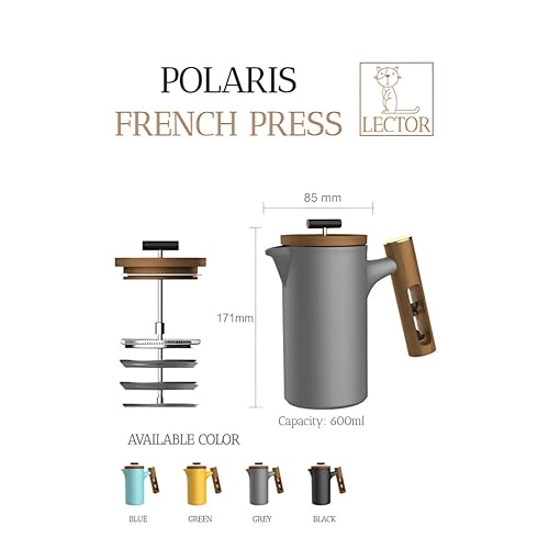 Image of LECTOR Polaris French Press Coffee Maker, 600ML, Ceramic, Manual Coffee & Tea Brewer with Natural Wooden Handle & Lid | Strong Build, Superior Filtration, Innovative 4 Minute Hour Glass Timer (Grey).
