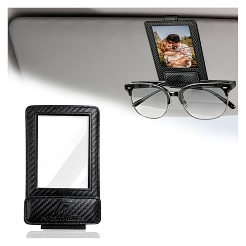 Magnetic 2-in-1 Sunglass & Photo Holder for Car Visor, Leather Visor Organizer with Anti-Slip Clip, No-Fall No-Slide Glasses Holder for Men Women, Fits SUV Truck RV (Carbon Fiber Black)