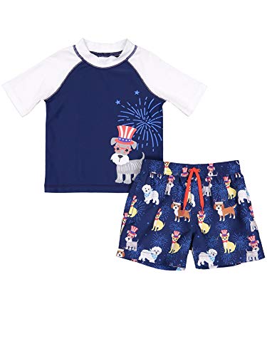 KIKO & MAX Toddler Boys Blue American Flag Dog Rash Guard Shirt & Swim Trunks 4T