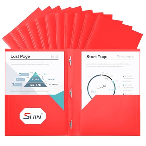 SUIN Plastic Project-Folders with 2 Pockets & 3 Prong, Bulk Pack Project File-Folder for US Letter Size Papers, Ideal for School & Office, Assorted Pastel Colors (Red)