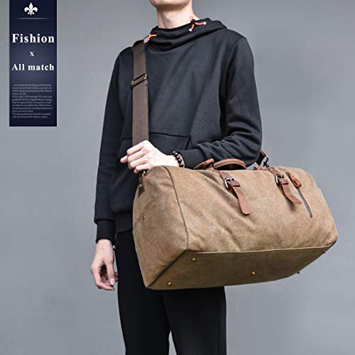 Travel Duffel Bag Large Canvas Duffle Bag for Men Women Leather Weekender Overnight Bag Carryon Weekend Bag Brown