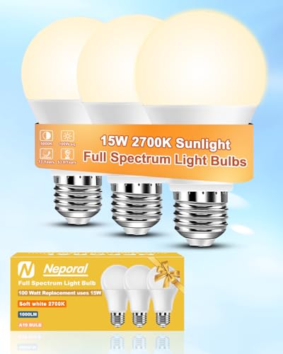 Neporal Full Spectrum Light Bulb 15W LED=100W 2700K Flicker-Free Warm Light Bulbs UV-Free & High CRI & Eye-Caring Sunlight Light Bulbs for Human Home Office Plant E26/E27 30000H Lifespan 3PK
