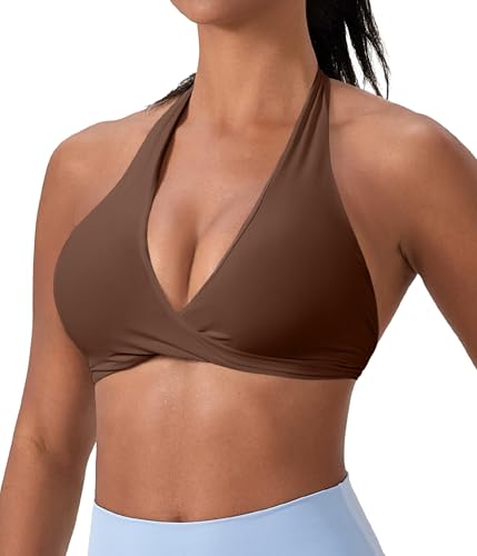 SPVISE Halter Sports Bras for Women Padded Yoga Bra Low Impact Gym Workout Bra Tops Open Back Twist Front V-Neck Everyday Bra, Mocha, Medium