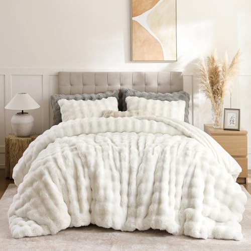 YIKUSH Fluffy Comforter Set Queen Size - Soft & Fuzzy Faux Fur Comforter, Ultra Plush White Comforter with Flannel Back, Warm Yet Lightweight Cozy Bedding Set