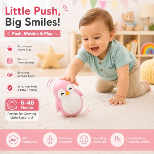 Image of Penguin Roly-Poly Wobble Toy - Self-Righting Stress Relief Fidget & Desk Decor for Kids and Adults, Cute Office Gift (Light Pink and White)