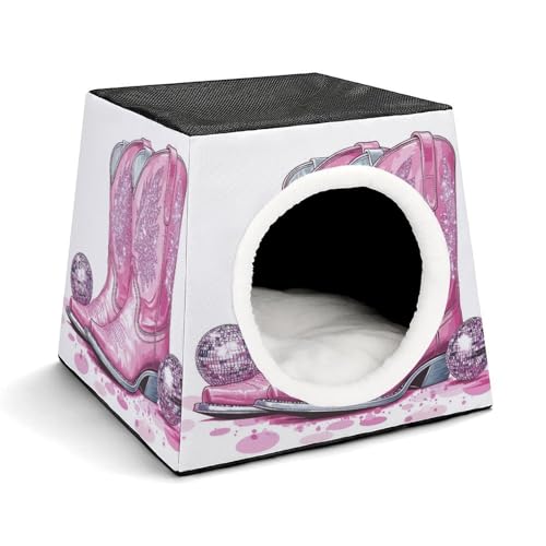 Retro Cowboy Boots and Disco Ball Pet Sleeping House Pets Nest Foldable Warm Cave with Pad Bed for Dogs Cats