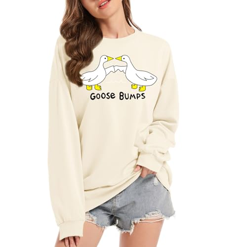 KIEKIECOO Funny Goose Crewneck Sweatshirts for Women Duck Graphic Aesthetic Long Sleeve Pullover Preppy Cute Fall Sweater(Apricot M)
