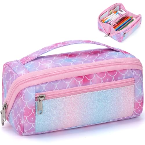 Image of Pencil Case for Girls, Durable Kids Pencil Pouch for School, Wide Opening Soft Pen Bag with Handle, Fits 50 Pens & Markers (Glitter Pink Memarid)