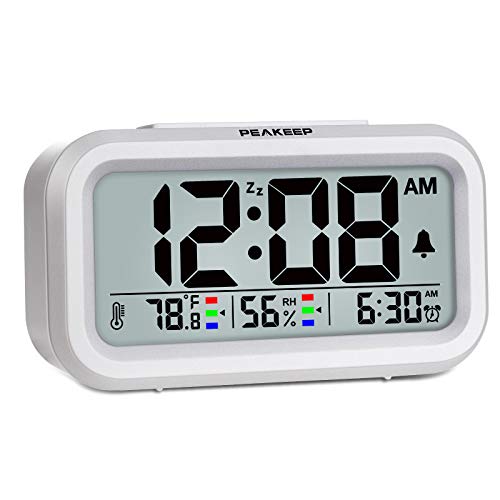 Peakeep Indoor Humidity Temperature Digital Alarm Clock for Bedrooms, Smart Night Light, Battery Operated Small Easy Desk Bedside Gifts Clock (White)