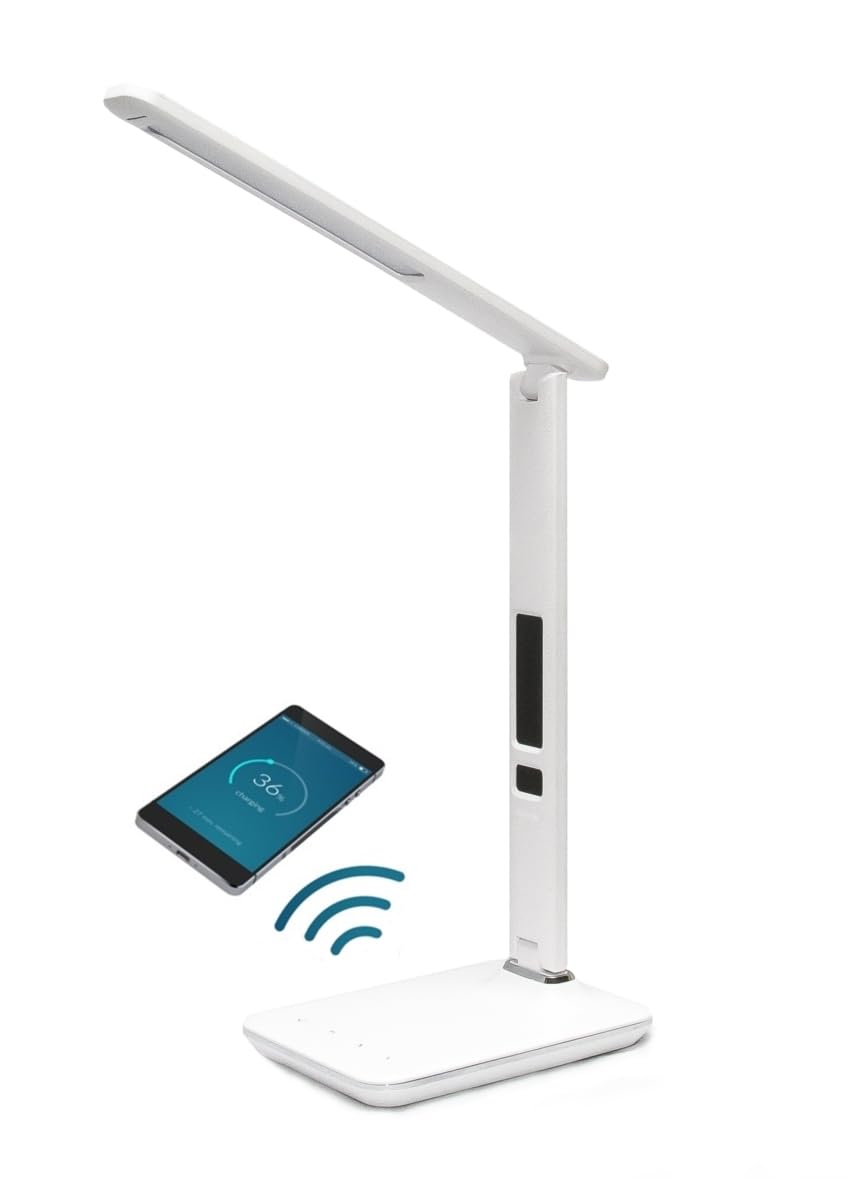 IMMAX KINGFISHER Qi biała lampa stołowa LED z bezprzewodowym ładowaniem Qi i USB