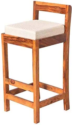 Image of OGESTA Solid Sheesham Wood Bar Chair for Kitchen Island & Breakfast Counter | High Back Wooden Bar Stool with Cushioned Seat | Rustic Walnut Finish | Home Bar & Dining Counter Chair (style 9)