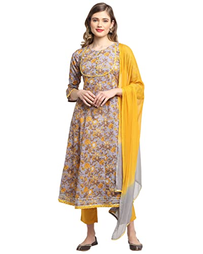 79% OFF on Rajnandini Women's Pure Cambric Cotton Jaipuri Floral Printed A-Line Kurta Set With Dupatta (Ready To Wear; Grey And Yellow; S To 2XL)(JOPLJPR811-P)