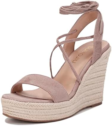 SUMOJIU Women's Lace-Up Wedge Platform Espadrille Open Toe Heel Sandals, Cross Strap Wedge Sandals Summer Espadrilles Ankle Strap Buckle Platform Sandals Nude 8