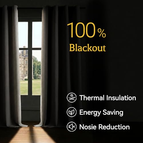 Image of Chenille 100% Blackout Curtains 102 Inches Long for Bedroom, Light Beige | Velvety-soft, Luxury Drapes, Thermal Insulated, Noise Reduction, Room Darkening, for Living Room, Grommet, Set of 2 Panels