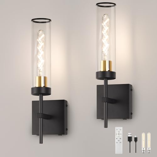 Image of Wall Sconces,Battery Operated Wall Sconce 10400mAh Black and Gold Fast Chargin Endurance 150 Hours Infinitely Dimmable with Remote Control Wireless Wall Lights for Bedroom Living Room Hallway