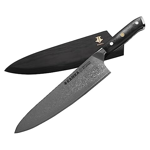 KANKA 10-inch 67 Layers Damascus Steel Profesional Chef Knife - Extra Long, G10 Black Fiberglass Handle, Razor Sharp Knife. Wood Sheath Included. Cover