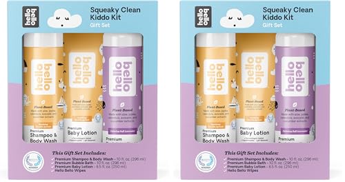 Hello Bello Squeaky Clean Kiddo Set - Includes Shampoo &amp; Body Wash, Bubble Bath, Lotion and Wipes (Pack of 2)