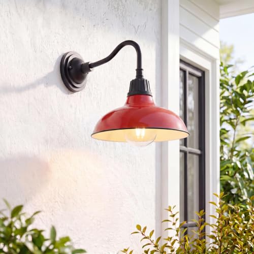Image of JONATHAN Y 12.25 inch Red /Black Farmhouse Industrial Outdoor Sconce, LED Gooseneck Wall Light for Porch, Metal Bowl Shade, Dimmable Vintage Exterior Fixture, LED Bulb Included (JYL7613E)