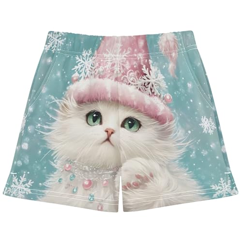 Girls Shorts Winter Cat Pink Santa Hat Cute Animal Print Pajama Sleepwear Youth Athletic Summer Clothes, X-Small