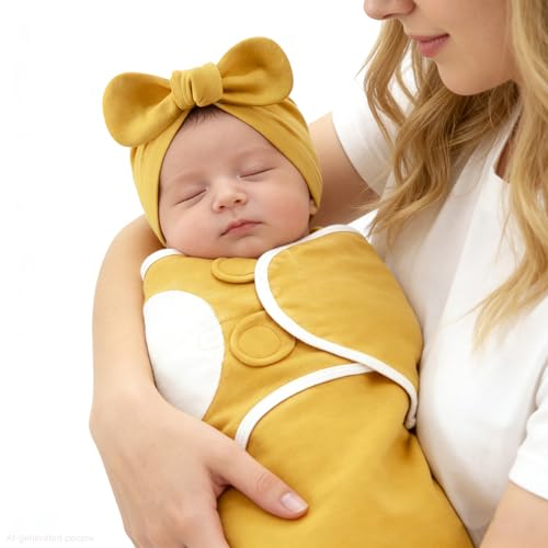 Image of Baby Swaddle Sleep Sack with Hat Set for 0-3 months 3-Pack Soft Cotton Newborn Wearable Swaddle Wrap for Girls Boys (Yellow Set)