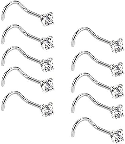 20 Gauge 10 Pieces inless Steel Nose Screw Curved Nose Studs Nose Cubic Zirconia Body Piercing Jewellery