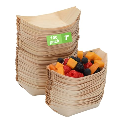7-Inch Wood Appetizer Boats - Disposable Wooden Serving Trays for Canaps Sushi Snacks - Eco-Friendly Biodegradable Party Plate