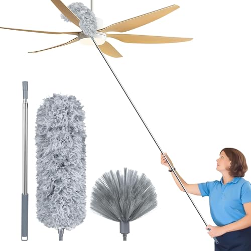 Fogray Extendable Feather Duster for Cleaning Telescopic Long Handled Dusters Dust Magnet Cleaner Brush Pole Supplies Cobweb Roof High Ceiling Fan Blinds Cars (3Pcs-Grey)