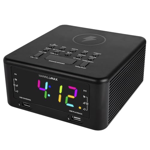 HANNLOMAX HX-206Wi Alarm Clock Radio with Wireless Charger, RGB Color Display, USB Port for Charging and MP3 Playback, Bluetooth, Soothing Sleep Sounds, Aux-in, AC Operation only. (Black)