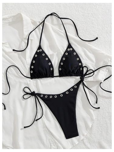Women's 2 Piece Sexy Micro Bikini Sets Grommet Eyelet Swimsuit Halter Triangle Tie Side Cheeky Bathing Suit3