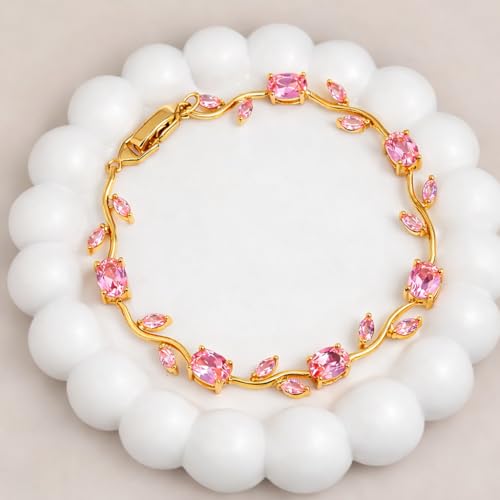 Image of Trendy Tulip Bracelet for Women | Gold Plated Pink Crystal Floral Bracelet | Elegant Minimalist Jewelry | Adjustable Chain Bracelet Gift for Girls Women | Stylish Party Daily Wear Accessory