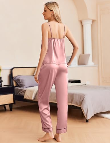 Image of Ekouaer Women Silk Satin Pajamas Sleeveless Pjs Set 2 Piece Summer Loungewear Sleepwear with Pockets S-XXL
