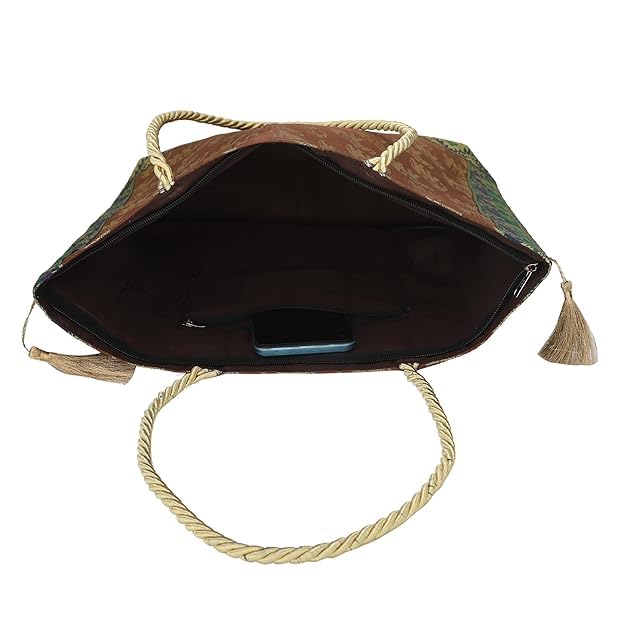 Image of Hand Purse | Traditional Hand Purse | Silk Wallet Hand Bag | Shagun HandPurse | Gifts HandBag | Golden Handle Tote Handbag | Brocade Shoulder Bag | 16 INCH