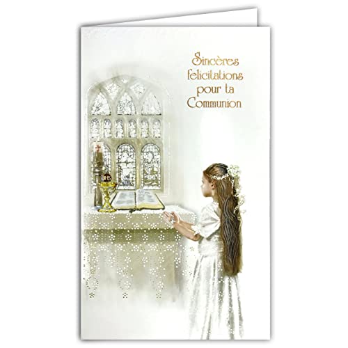 19-635 Carte COMMUNION FILLE Sincères Félicitations église Chrétienne Catholique Bible Bougie Ostie Coupe avec Enveloppe Format 12x19,5cm Papier écolabel FSC...