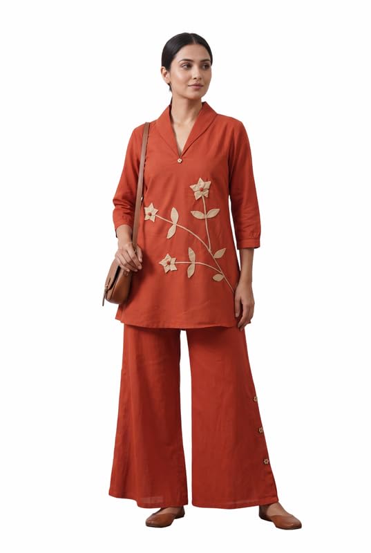 Women's Rust Embroidered Cotton Co-ord Set-image-38