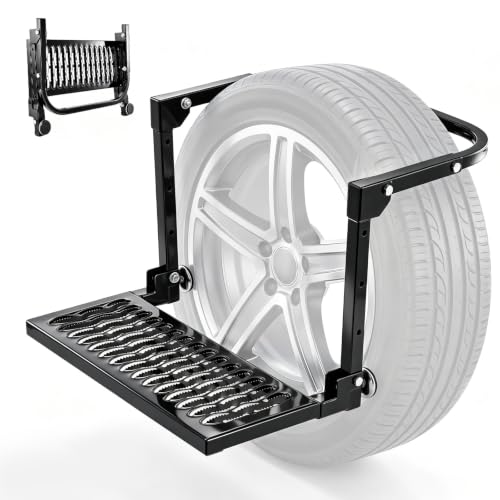 Sakerplus Heavy Duty Folding Tire Step,Non-Slip Wheel Step for Truck SUV RV, Adjustable Tire Mounted Step for Roof Access, Car Washing, Loading Gear & Temporary Vehicle Maintenance (Black)