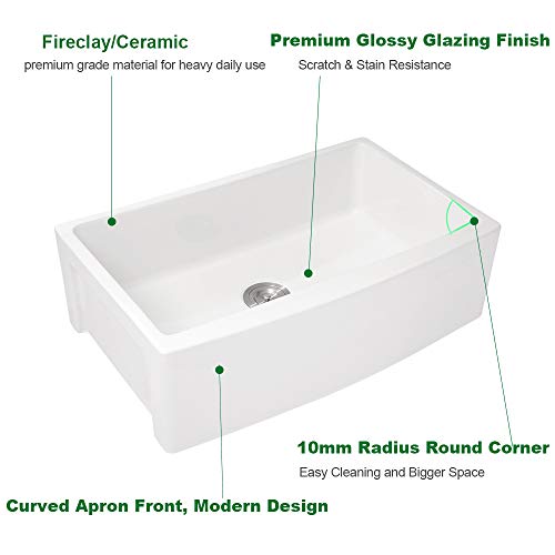 33 White Farmhouse Sink - Sarlai 33 Inch White Kitchen Sink Curved Apron Front Ceramic Porcelain Fireclay Single Bowl Farm Sink Basin #TOP5