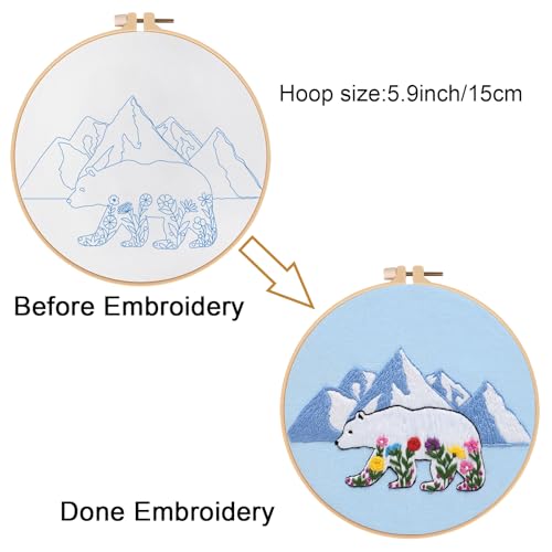 Image of Louise Maelys Glacial Polar Bear and Flowers Embroidery Kit DIY Craft | Pre-Printed Fabric, Hoop, Threads, Needles & Guide for DIY Needlepoint Kit and Cross Stitch Starter Kit for Adults
