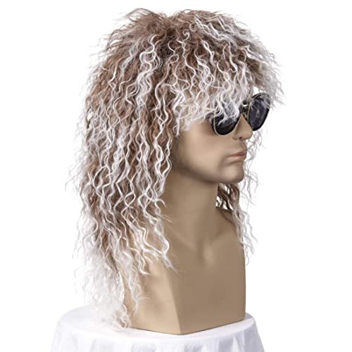 70s 80s Mullet Wig for Men ATAYOU Long Brown Mixed Silver Gray Punk Heavy Metal Wig Rocker Disco Wig for Carnival Halloween Cosplay Costume - Image 2