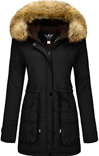 YXP Women's Winter Thicken Military Parka Jacket Warm Fleece Cotton Coat with Fur Hood (Black,L)