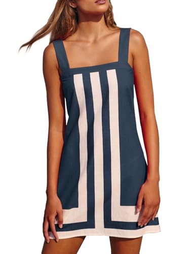 2025 Women Boho Striped Mini Dress Casual Summer Color Block Coverups Beach Overall Dress