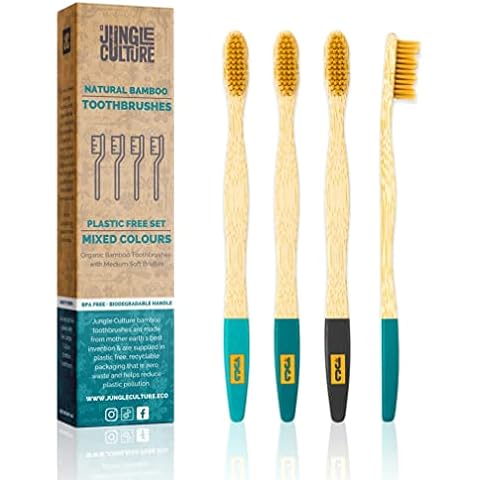 Jungle Culture® Premium Bamboo Toothbrushes • BPA Free Soft Bristle Toothbrush Set of 4 for Adults • Natural Wooden Toothbrushes • Zero Waste Dental Care • Eco-Friendly Biodegradable & Compostable Cover